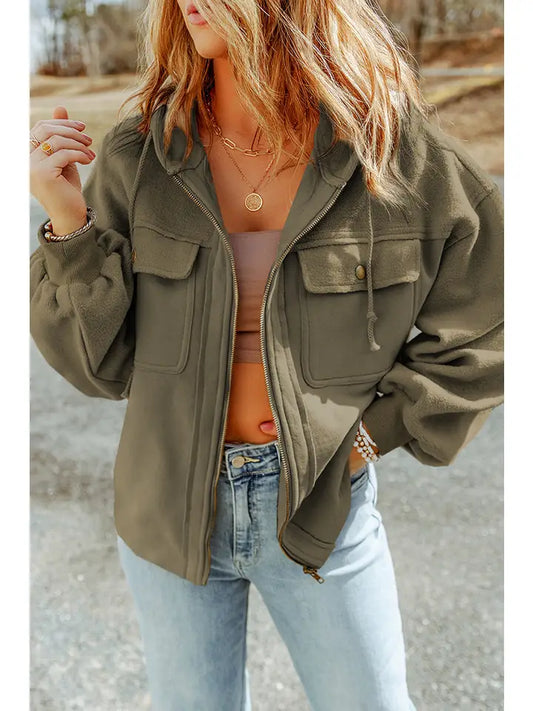 Flap Pocket Drawstring Hood Zip Up Jacket