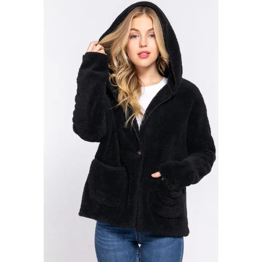 Long Dolman Sleeve Hoodie Sherpa Jacket - Black