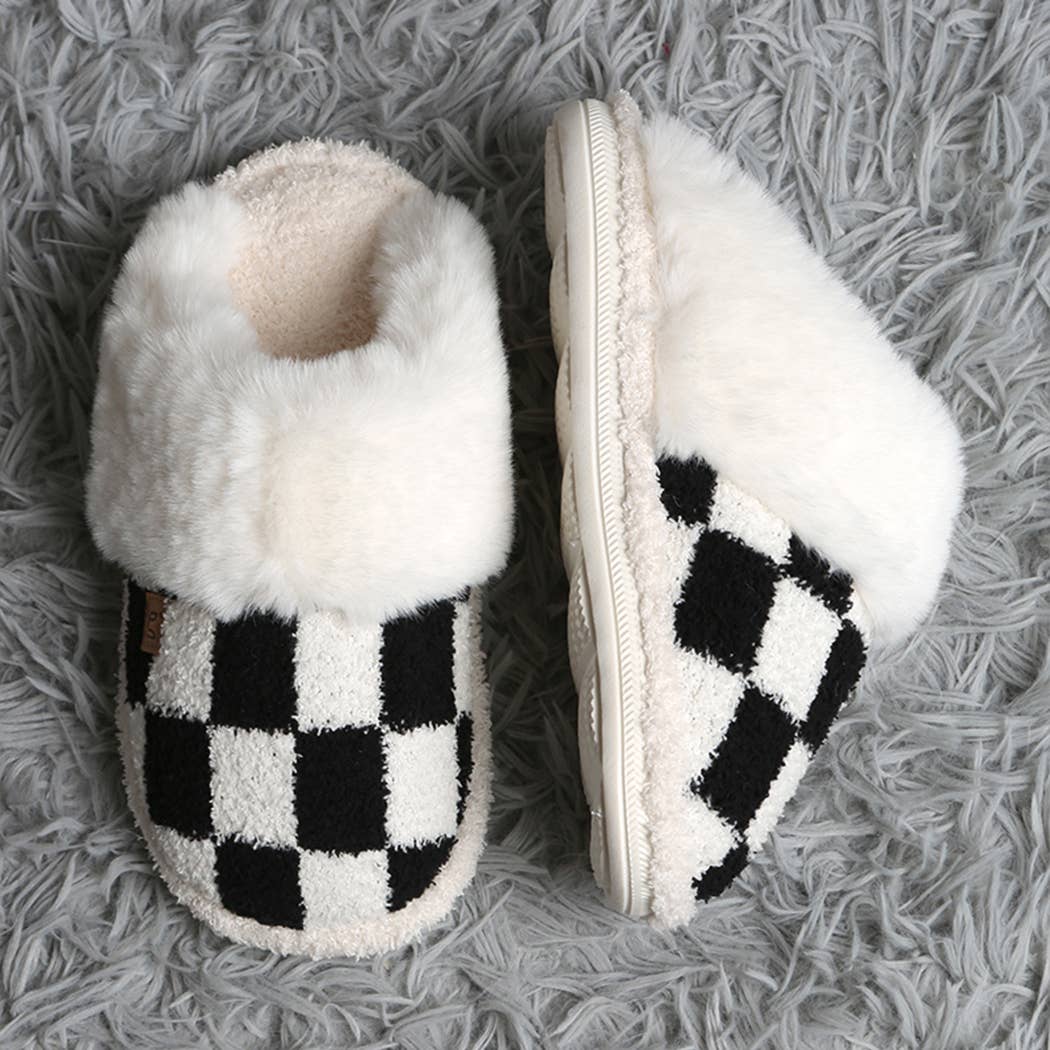 Checkered Faux Fur Cuff Mule Luxury Soft Slipper