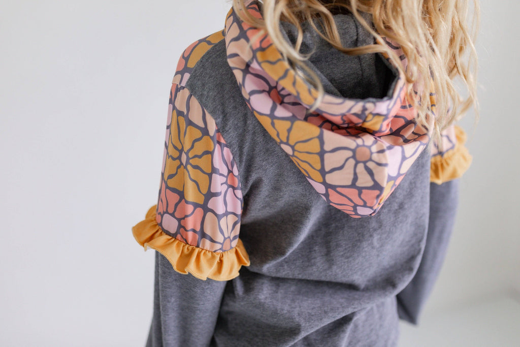 Kids Gray & Mustard Flower Hoodie Sweat Pant Loungewear Set