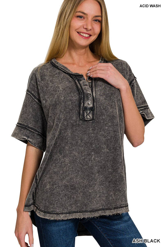 Washed Raw Edge Detailed Button Closure Top