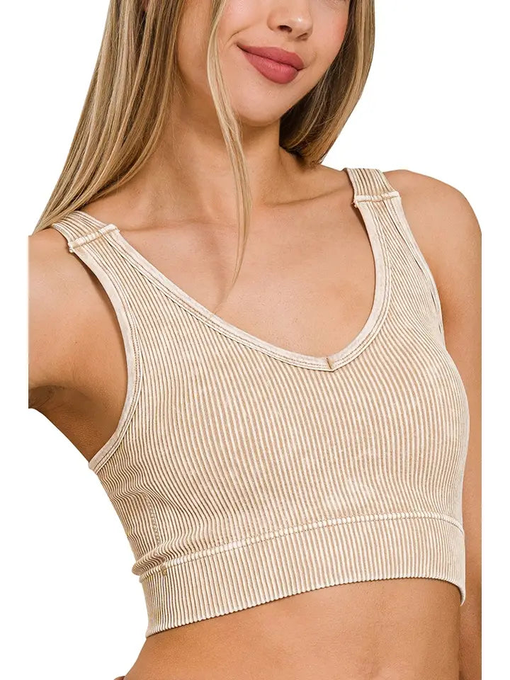 Stone Washed Ribbed Bra Padded V-Neck Tank Top
