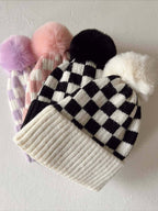 Checkerboard Fur Pom Hat, Cream