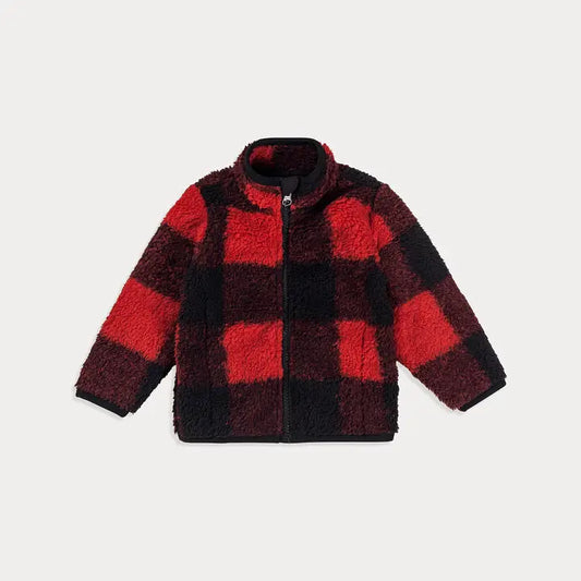 Baby Fleece Jacket, Red Plaid Sherpa Fleece Baby Zip Up Jacket Light