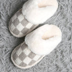 Checkered Faux Fur Cuff Mule Luxury Soft Slipper