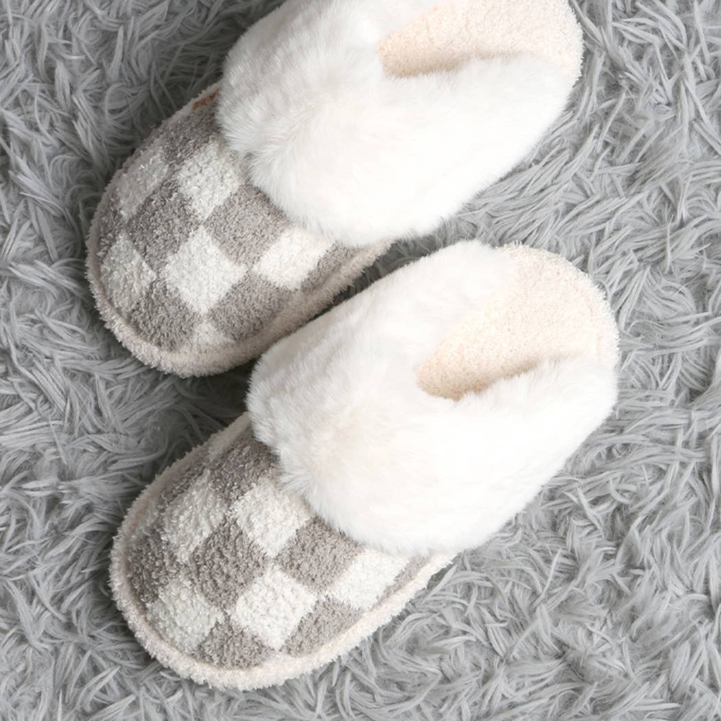 Checkered Faux Fur Cuff Mule Luxury Soft Slipper