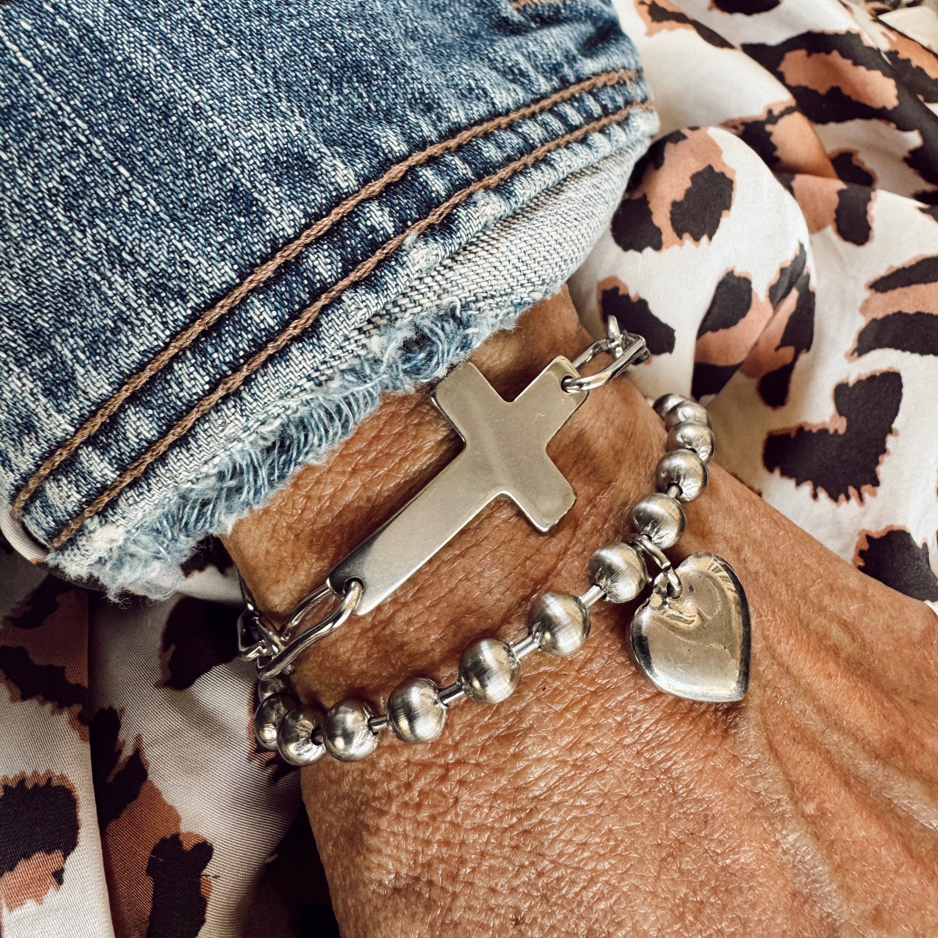 Brushed Stainless Steel Heart Charm Bracelet 