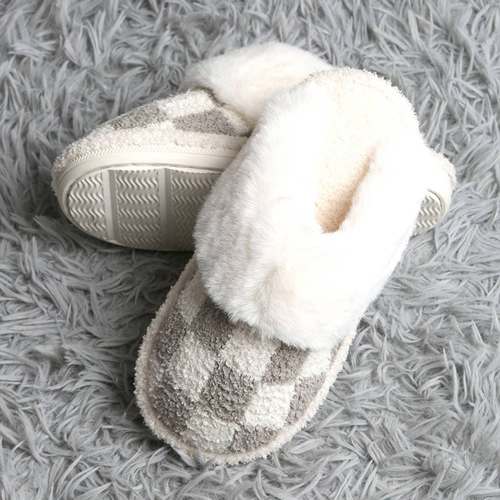 Checkered Faux Fur Cuff Mule Luxury Soft Slipper