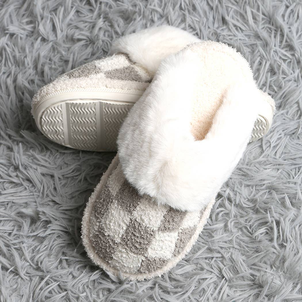 Checkered Faux Fur Cuff Mule Luxury Soft Slipper