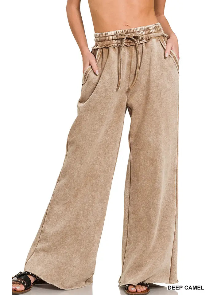 Acid Wash Fleece Palazzo Sweatpants with Pockets
