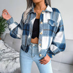 Trendy Plaid Lantern Sleeve Woolen Jacket – Cozy Fall/Winter Outerwear