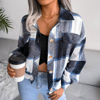 Trendy Plaid Lantern Sleeve Woolen Jacket – Cozy Fall/Winter Outerwear