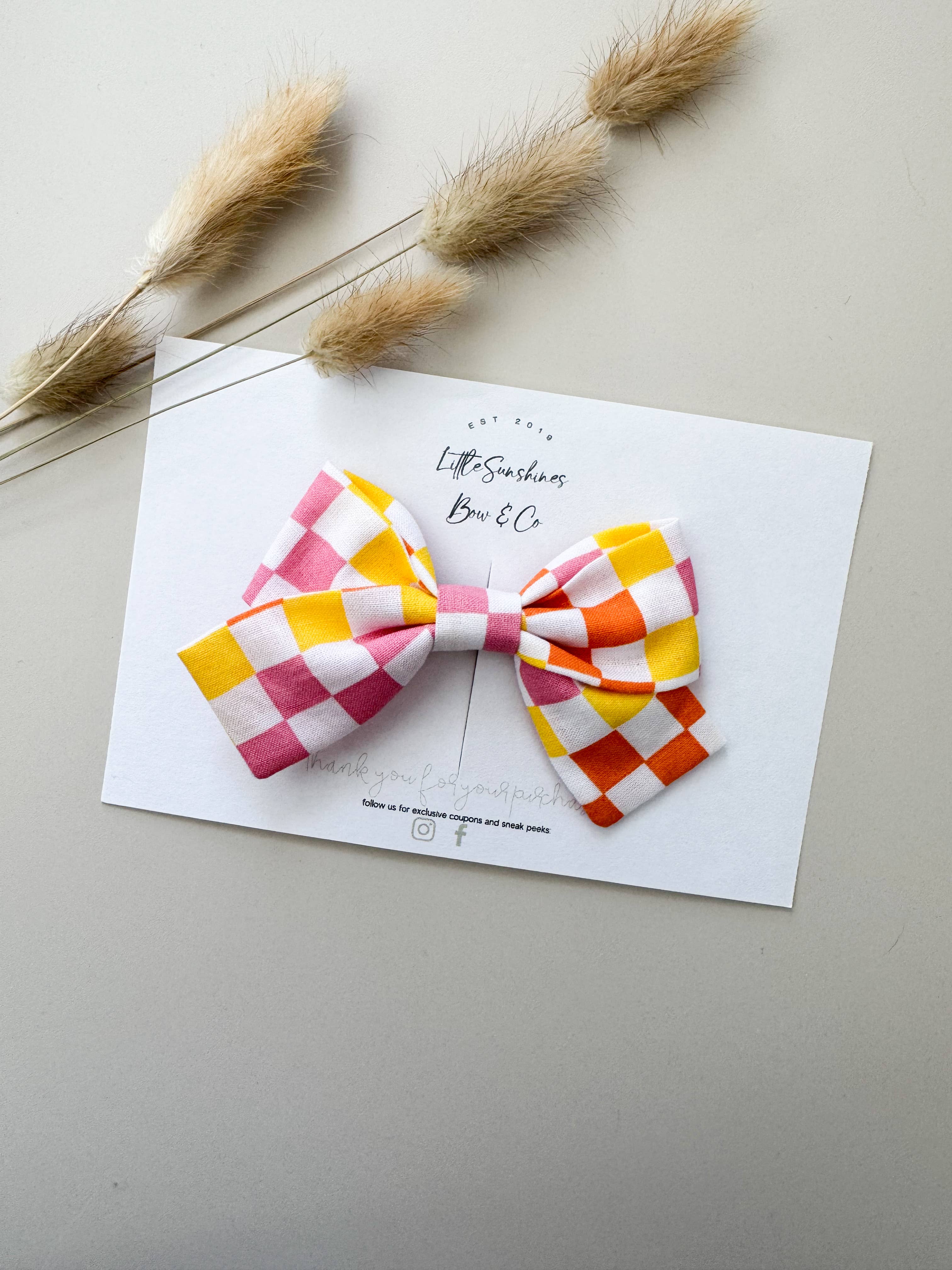 Yellow & Pink Checkers Pinwheel Hair Bow