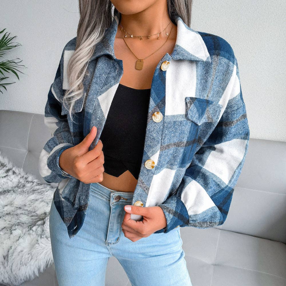 Trendy Plaid Lantern Sleeve Woolen Jacket – Cozy Fall/Winter Outerwear