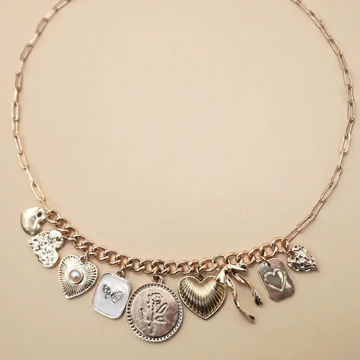 Charm Necklace-Custer Bow Heart Pearl Link