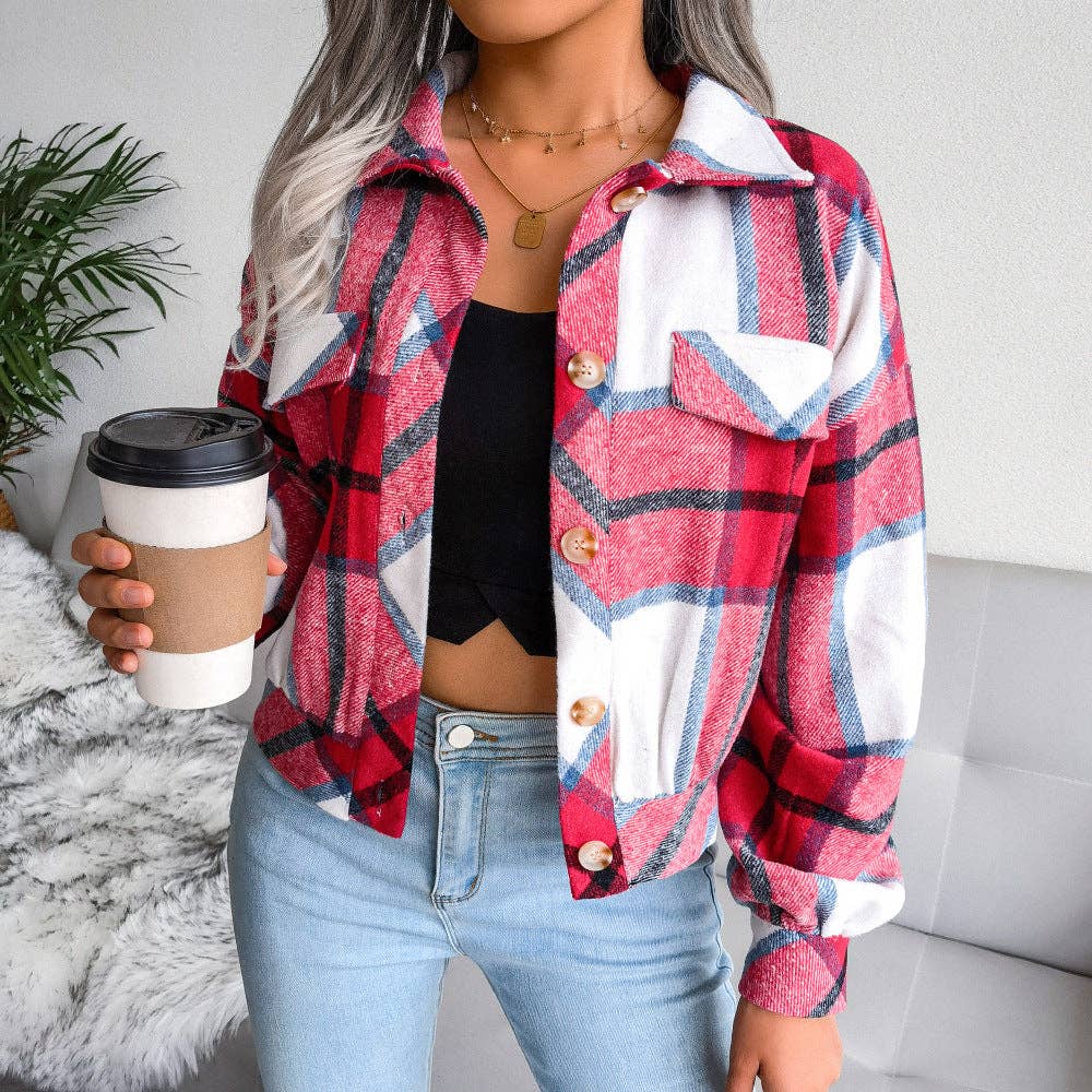 Trendy Plaid Lantern Sleeve Woolen Jacket – Cozy Fall/Winter Outerwear