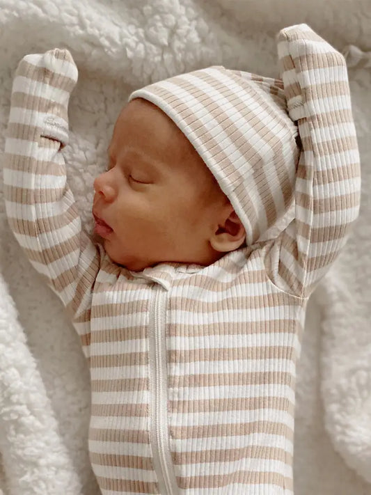 Tan Striped Organic Ribbed Beanie