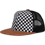 Flat Brim Trucker Hat - Checker/Faux Leather Brim
