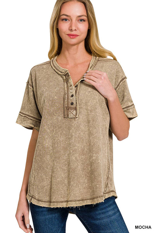 ',,.Washed Raw Edge Detailed Button Closure Top