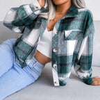 Trendy Plaid Lantern Sleeve Woolen Jacket – Cozy Fall/Winter Outerwear