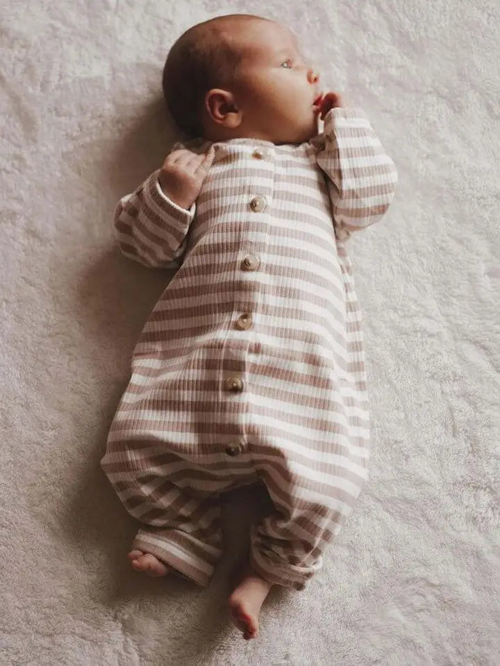 Tan Stripe / Organic Ribbed Long Sleeve Bay Jumpsuit (Baby)