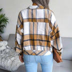 Trendy Plaid Lantern Sleeve Woolen Jacket – Cozy Fall/Winter Outerwear