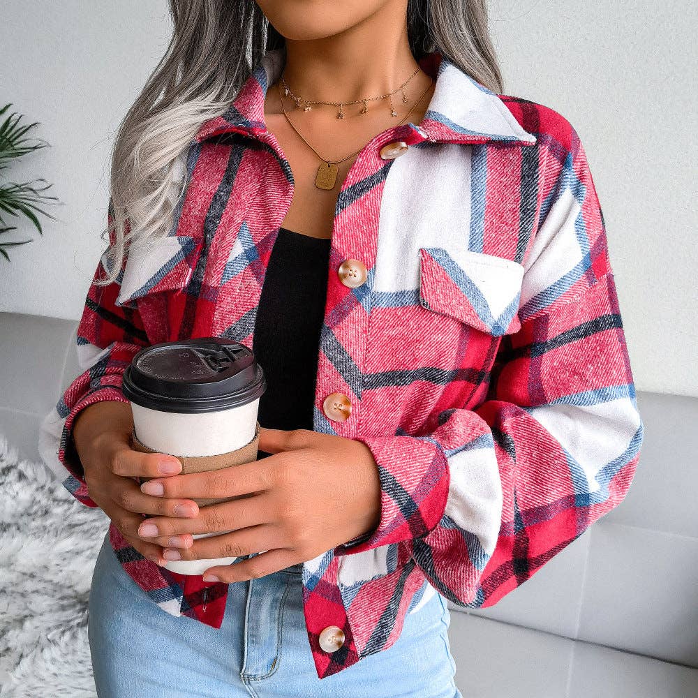 Trendy Plaid Lantern Sleeve Woolen Jacket – Cozy Fall/Winter Outerwear