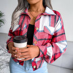 Trendy Plaid Lantern Sleeve Woolen Jacket – Cozy Fall/Winter Outerwear