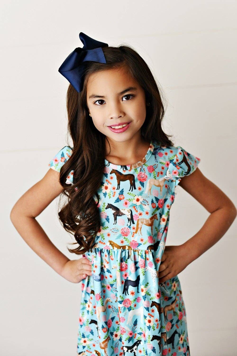 Kids Blue Floral Western Horse Flutter Sleeve Spring Dress