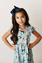 Kids Blue Floral Western Horse Flutter Sleeve Spring Dress