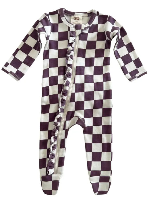 Berry Cheesecake Checkerboard / Organic Frill Zip Footie