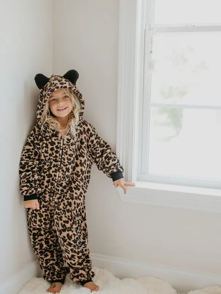Kids Fuzzy Fur Leopard Onesie with Critter Ears