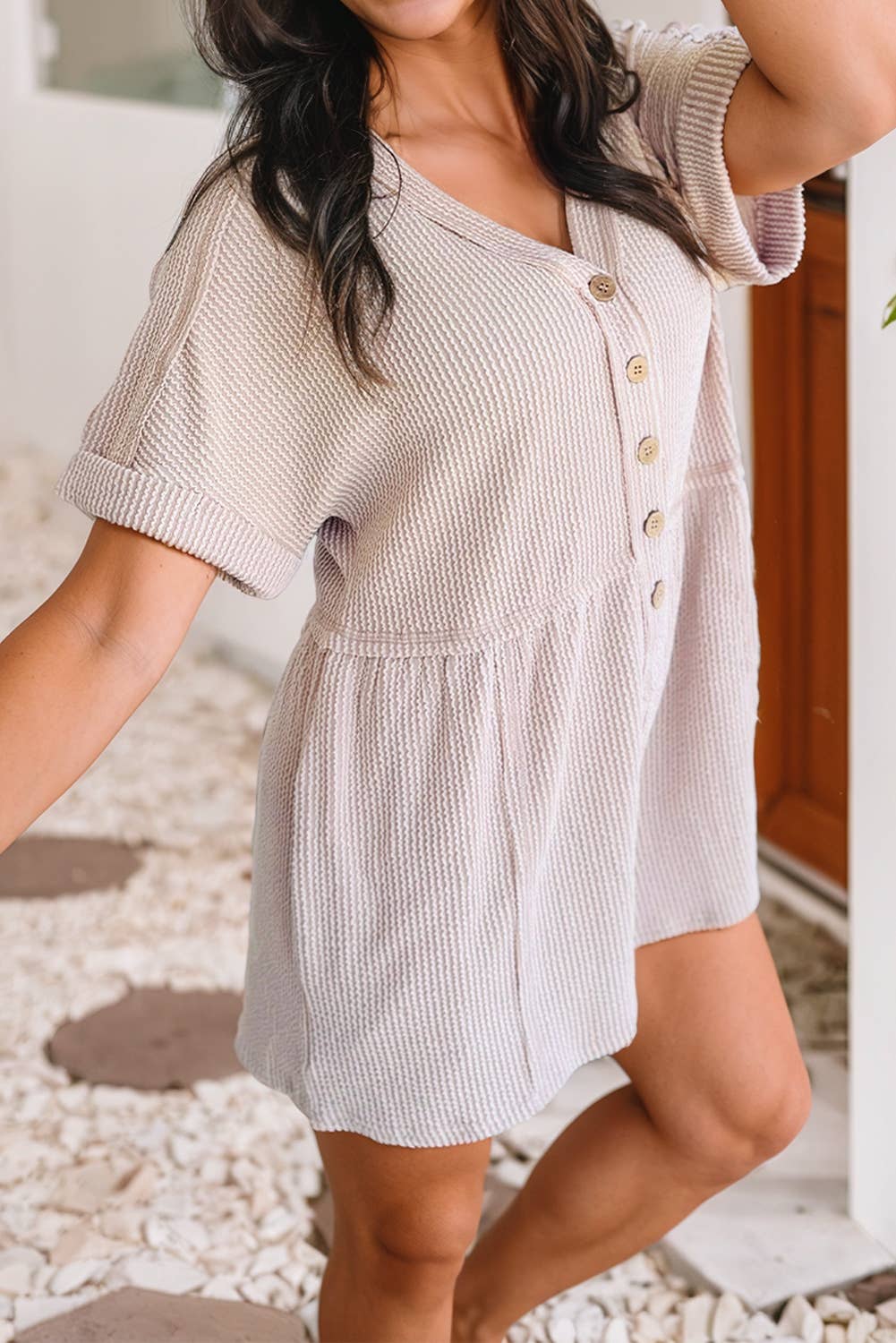 LDC Corded Short Sleeve V Neck Buttoned Romper