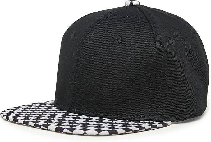 Flat Brim Trucker Hat - Checker Brim - Black