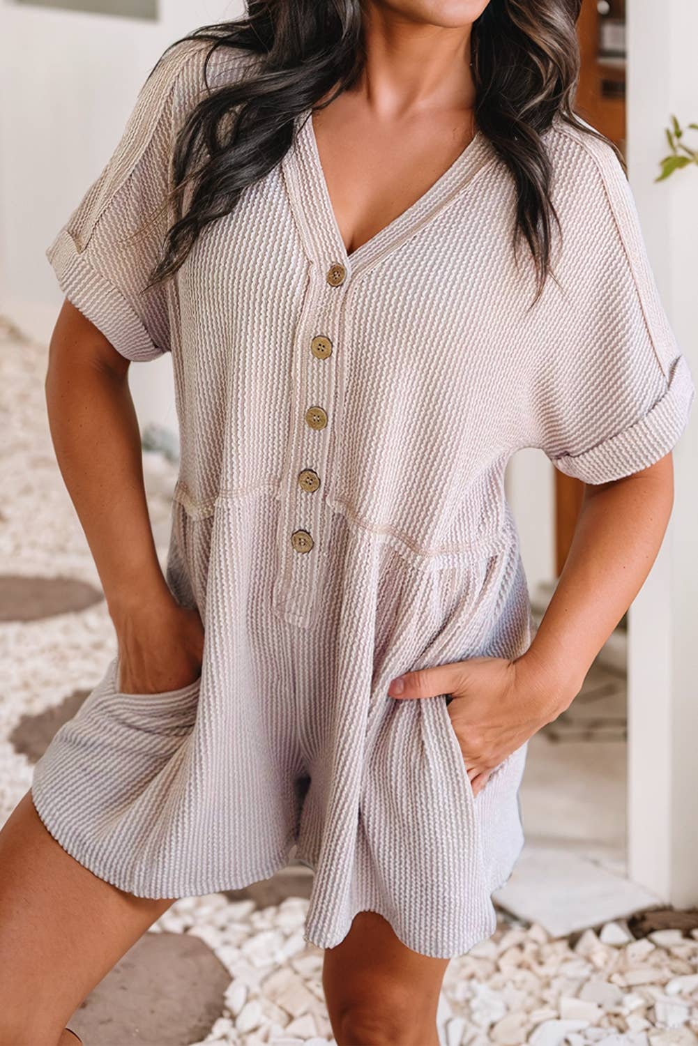 LDC Corded Short Sleeve V Neck Buttoned Romper