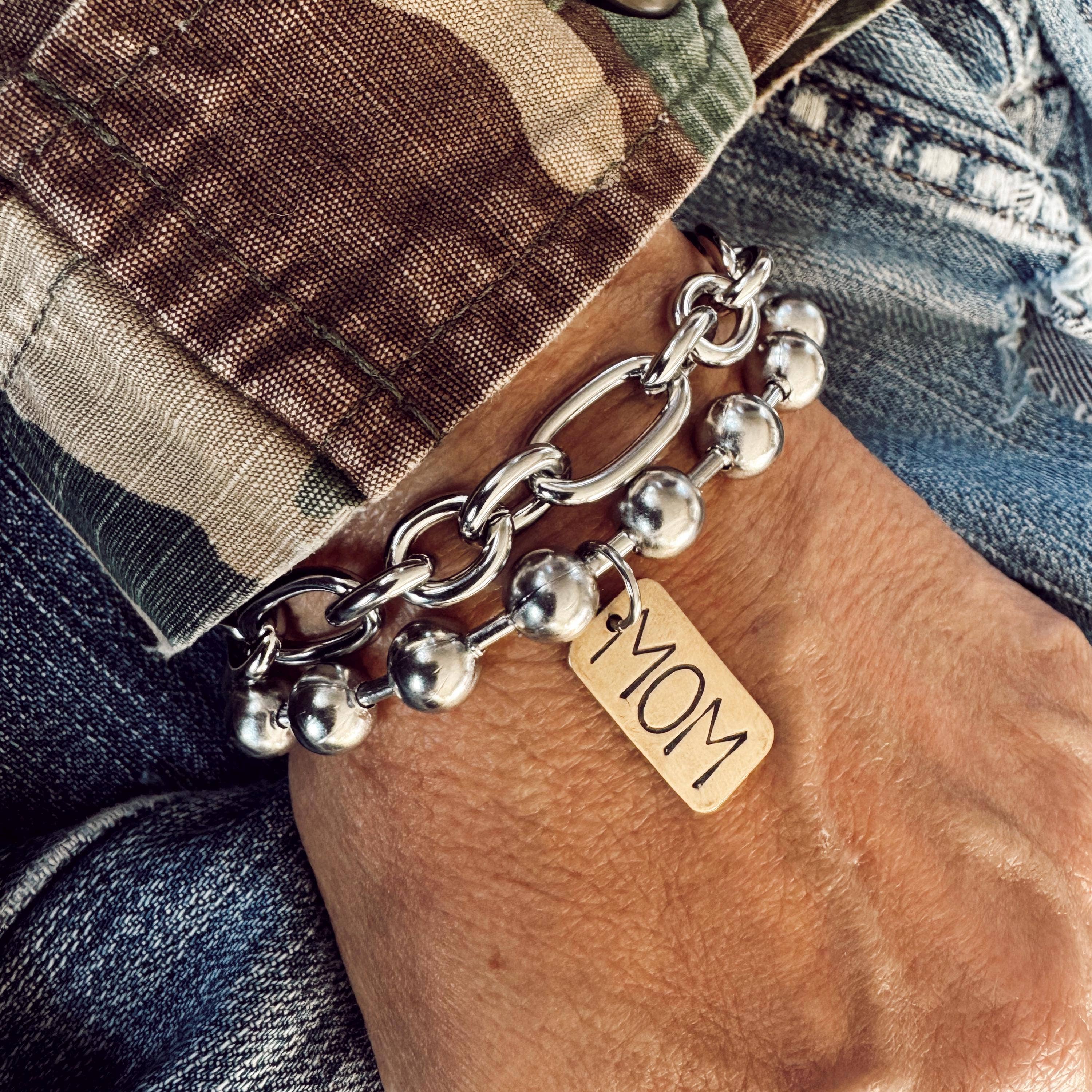 Hand Stamped MOM Brass Tag Bracelet