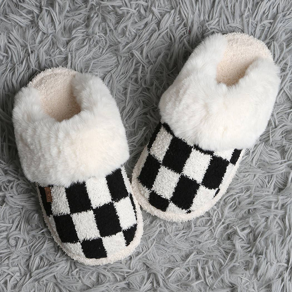 Checkered Faux Fur Cuff Mule Luxury Soft Slipper