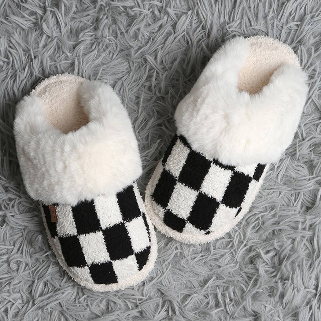 Checkered Faux Fur Cuff Mule Luxury Soft Slipper