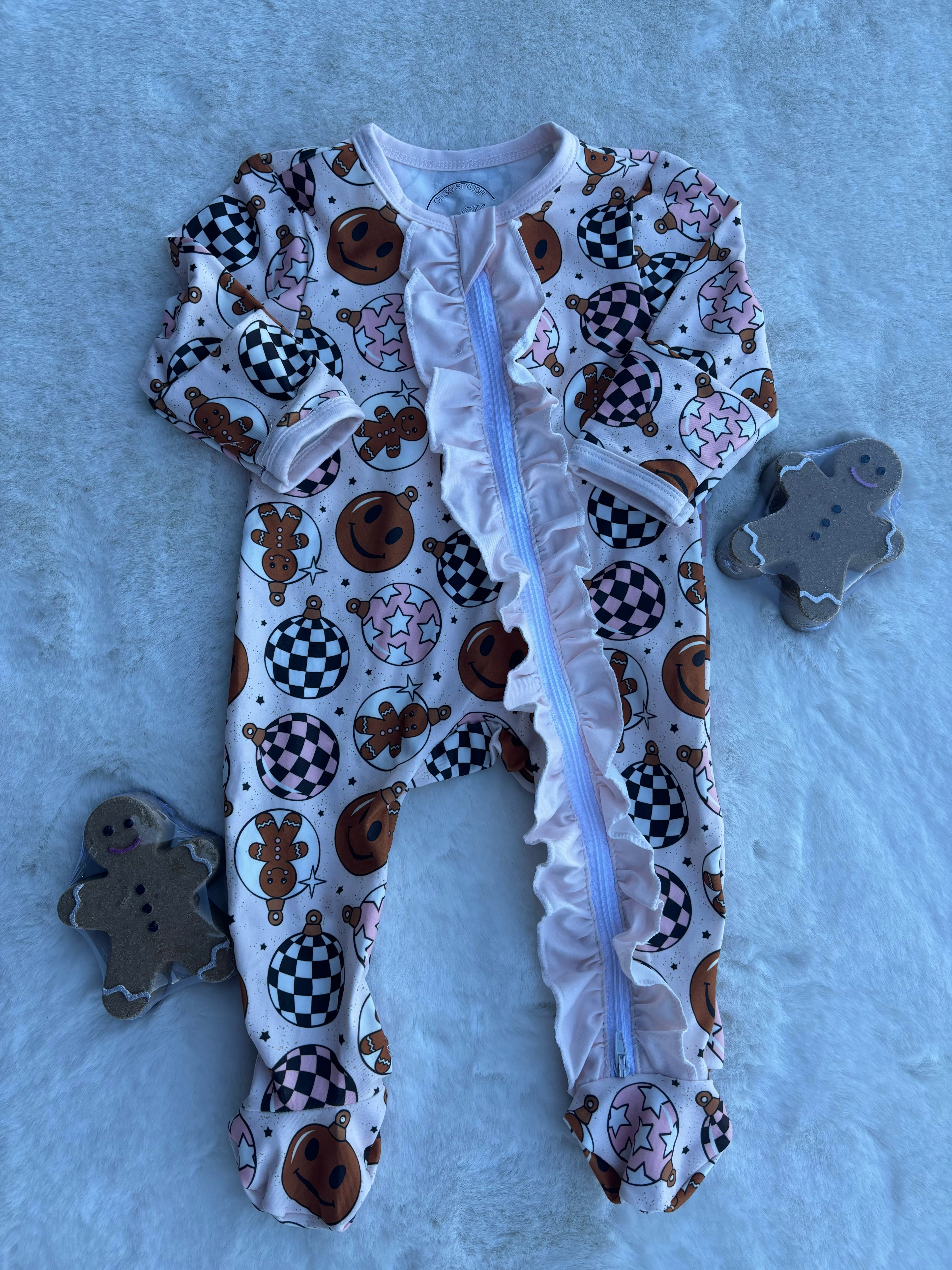 Christmas Girls Ruffle Zippies Sleeper-Pink Ginger Ball
