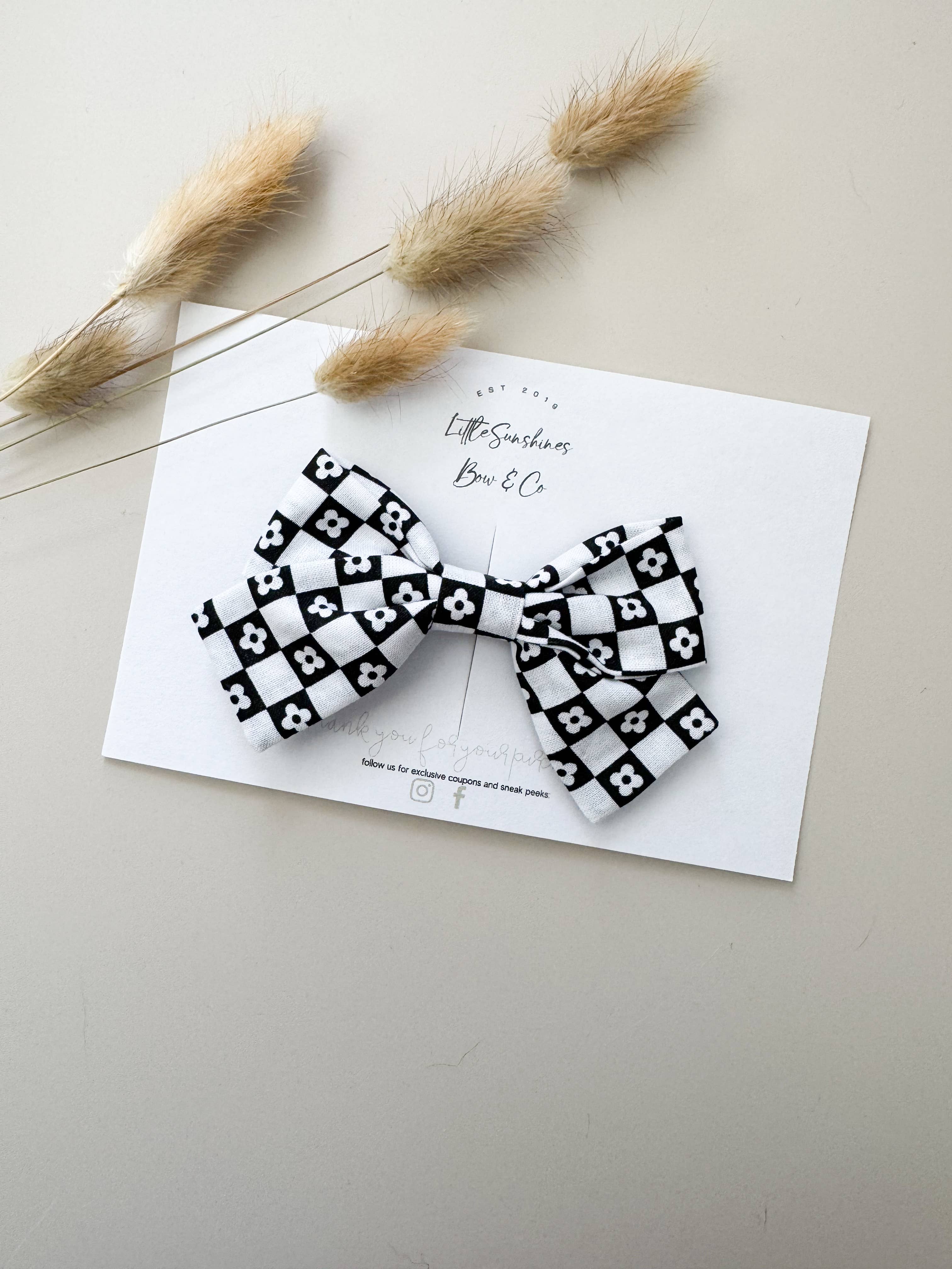 Black Gingham with Flowers Pinwheel Hair Bow