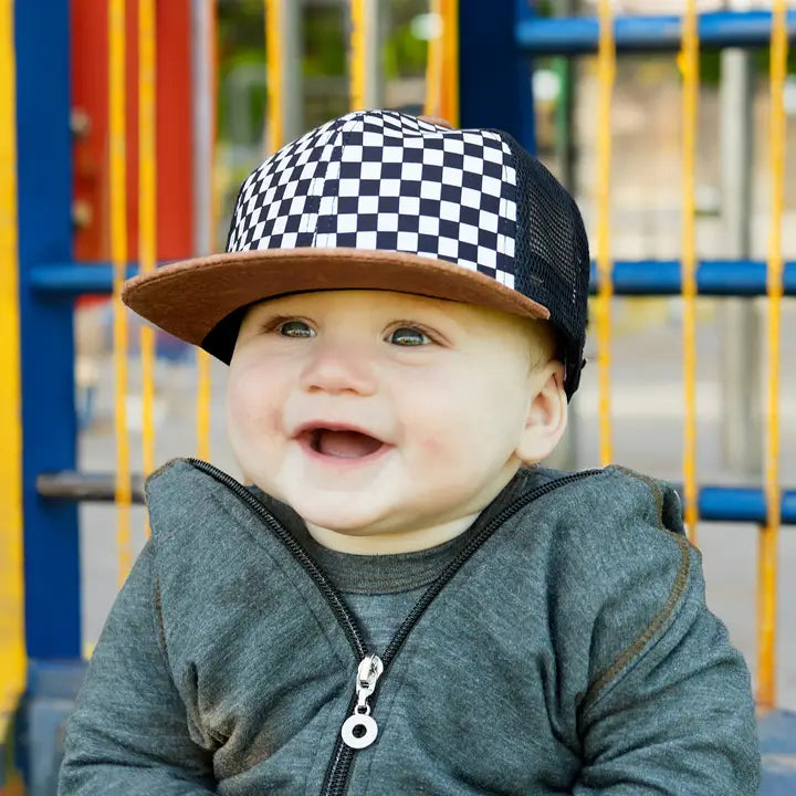 Flat Brim Trucker Hat - Checker/Faux Leather Brim