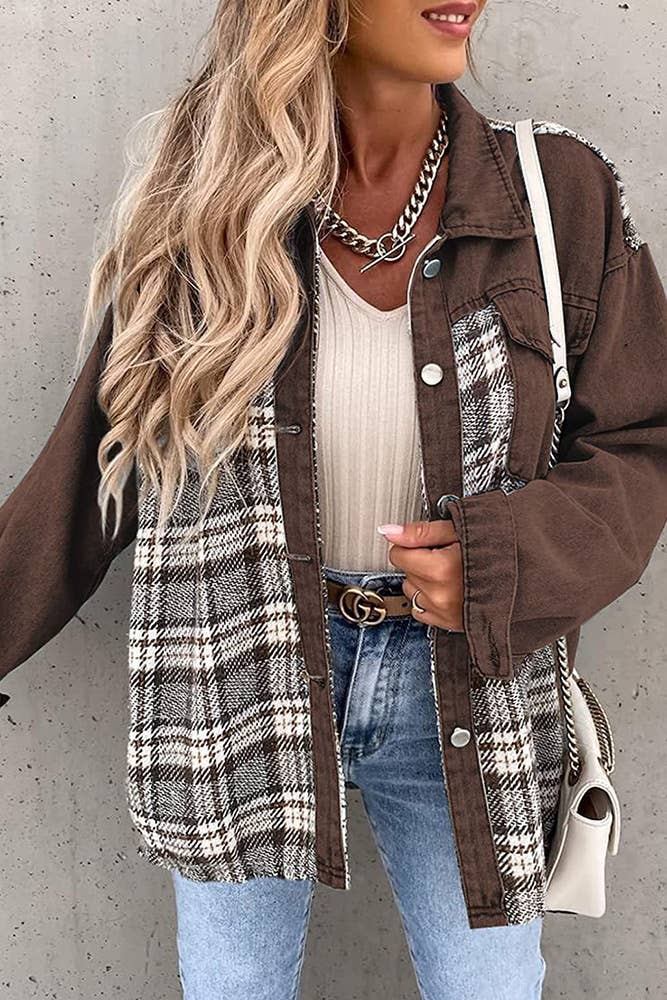 Plaid Splicing Open Button Jacket