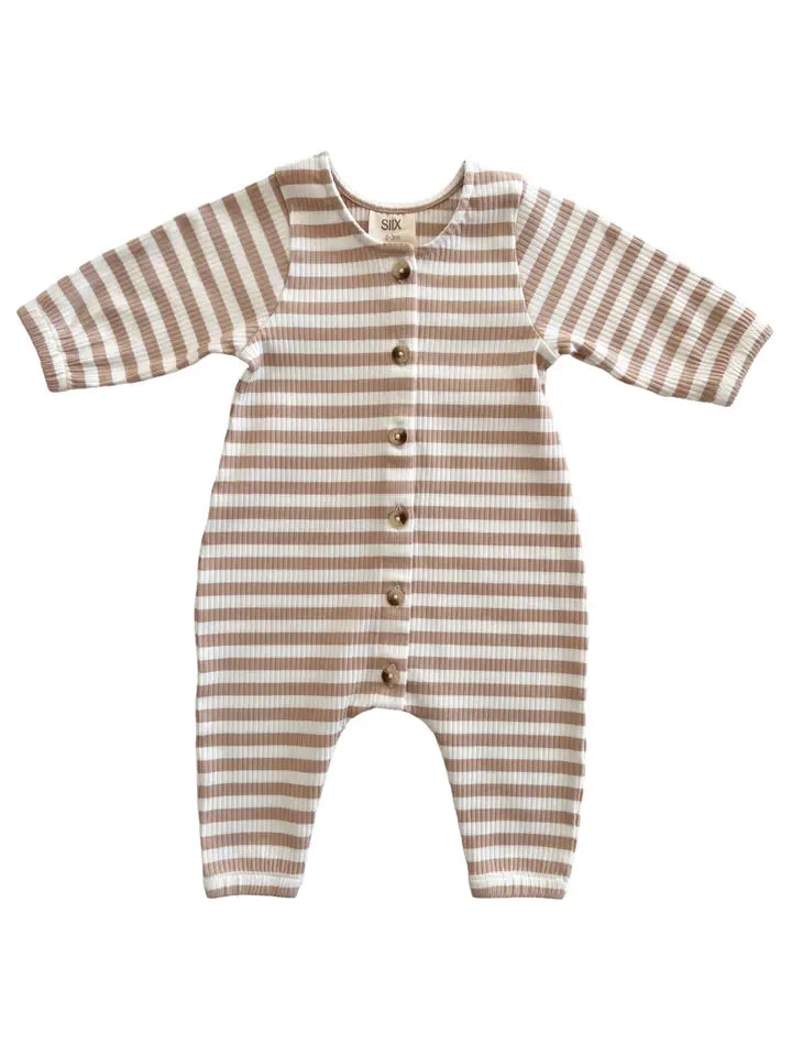 Tan Stripe / Organic Ribbed Long Sleeve Bay Jumpsuit (Baby)