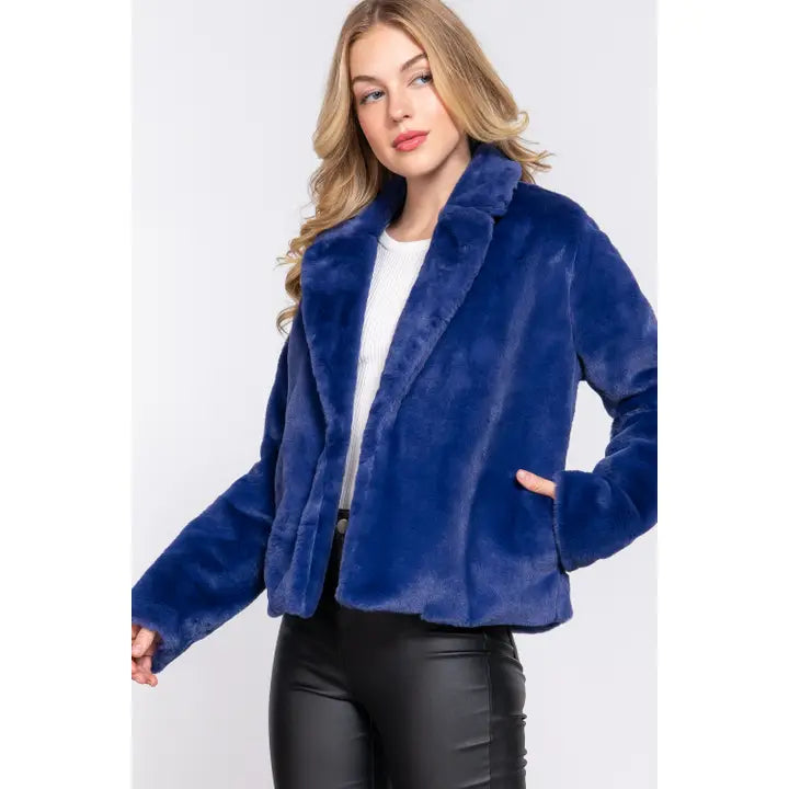 Long Sleeve Notched Collar Open Front Faux Fur