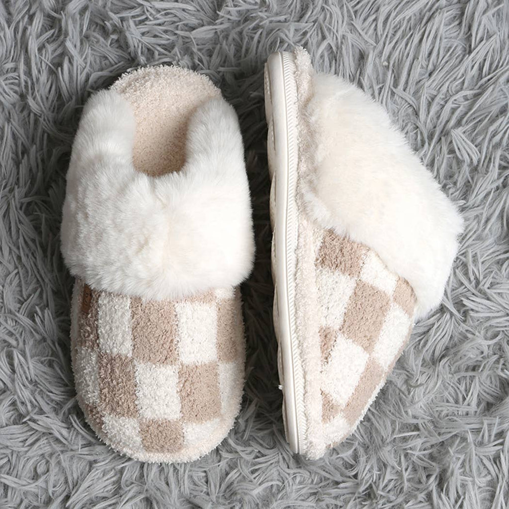 Checkered Faux Fur Cuff Mule Luxury Soft Slipper