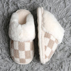 Checkered Faux Fur Cuff Mule Luxury Soft Slipper