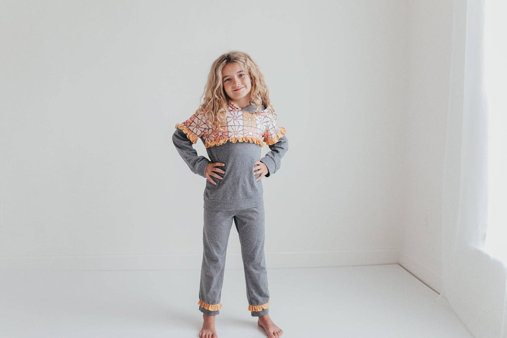 Kids Gray & Mustard Flower Hoodie Sweat Pant Loungewear Set