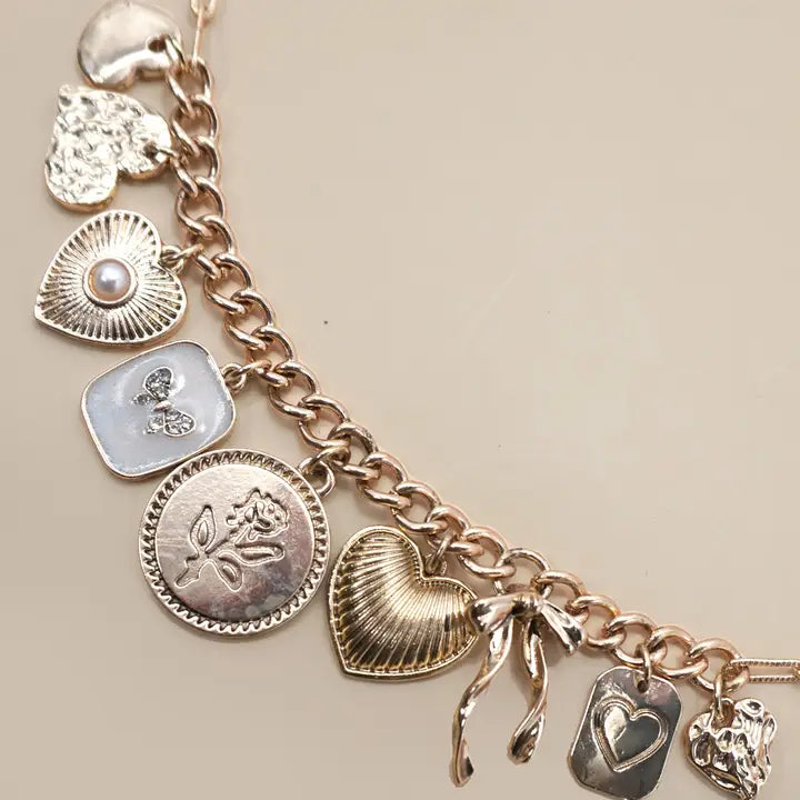 Charm Necklace-Custer Bow Heart Pearl Link