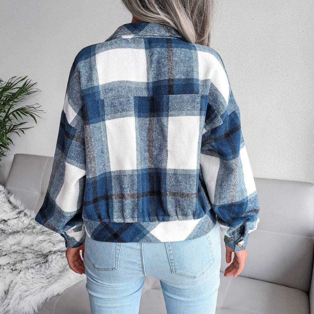 Trendy Plaid Lantern Sleeve Woolen Jacket – Cozy Fall/Winter Outerwear