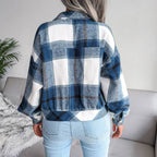 Trendy Plaid Lantern Sleeve Woolen Jacket – Cozy Fall/Winter Outerwear